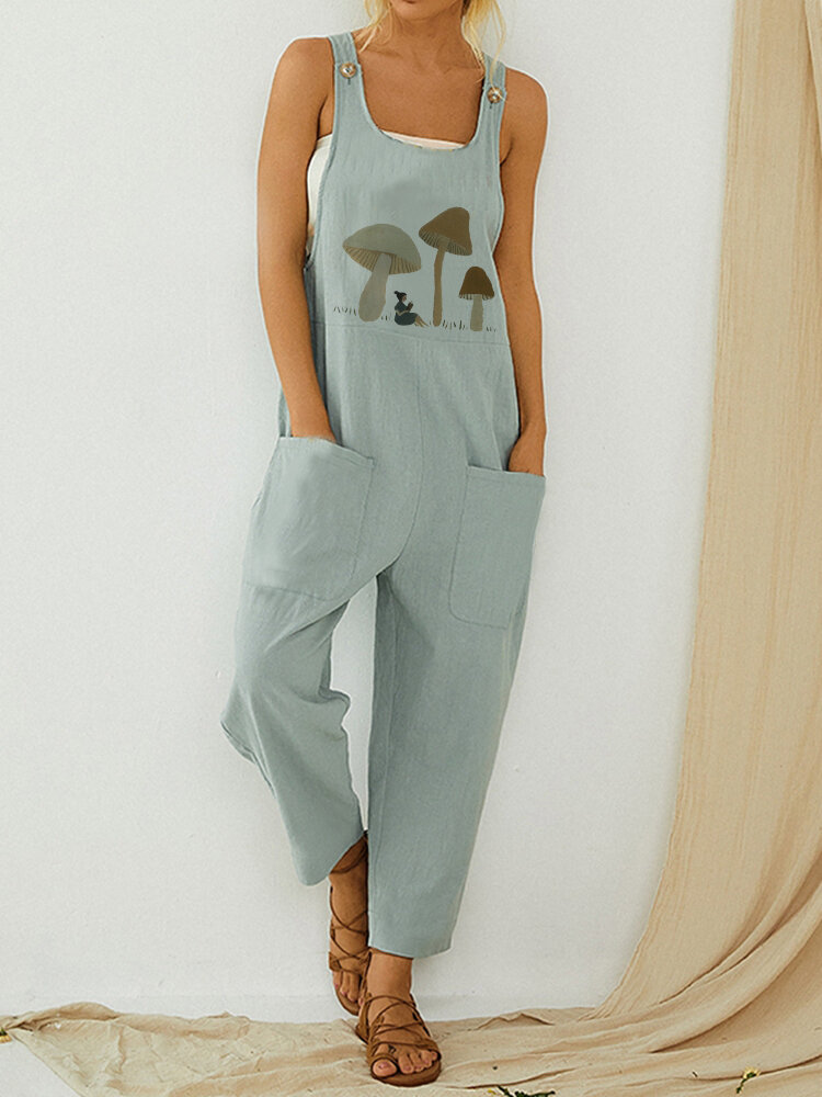 Mushroom Print Straps Casual Jumpsuit With Pocket