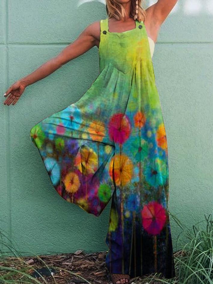 Retro flower print casual loose jumpsuit