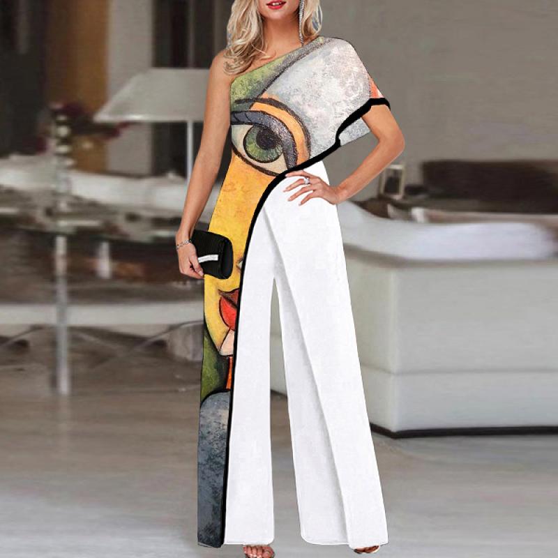 Fashion Contrast Color Single-sleeve Printed Jumpsuit