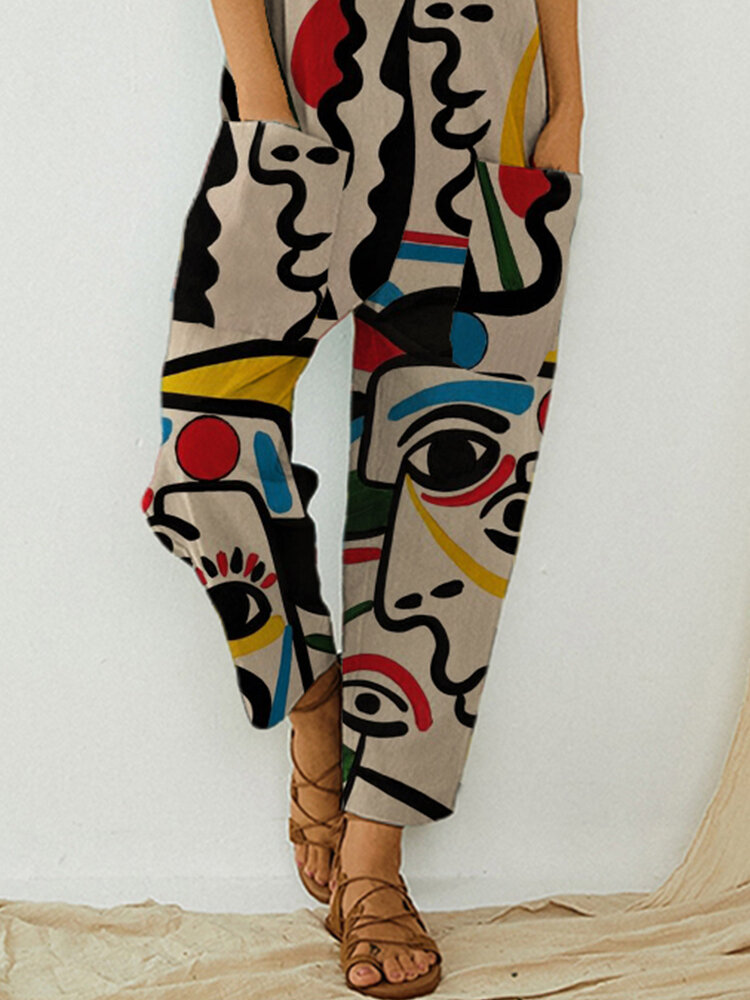 Abstract Art Illustration Print Button Strap Sleeveless Jumpsuit With Pocket