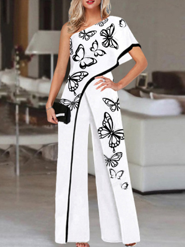 Fashion Butterfly Print One Shoulder Jumpsuit Women
