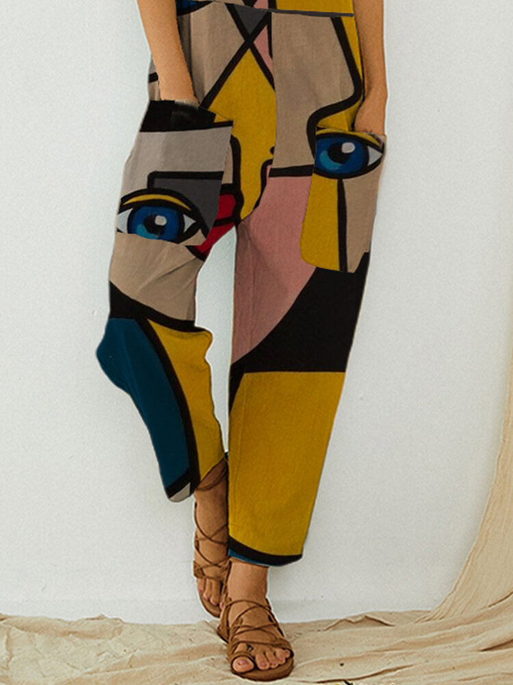 Abstract Art Illustration Print Button Strap Sleeveless Jumpsuit With Pocket