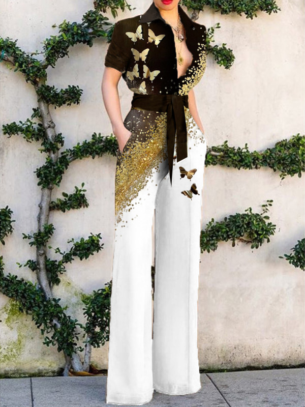 Fashion Butterfly Print Colorblock Jumpsuit Womens
