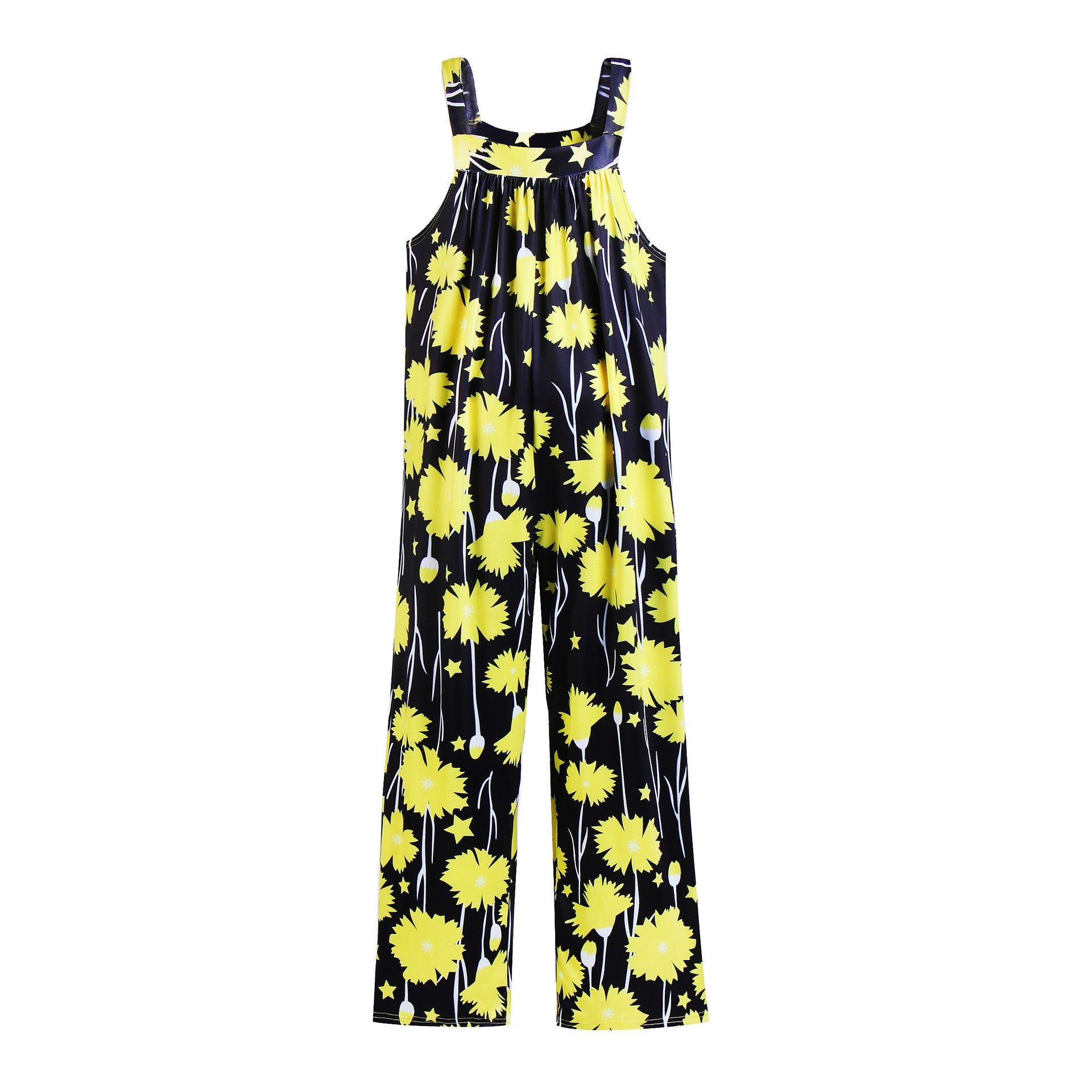 Black printed casual halter wide leg jumpsuit