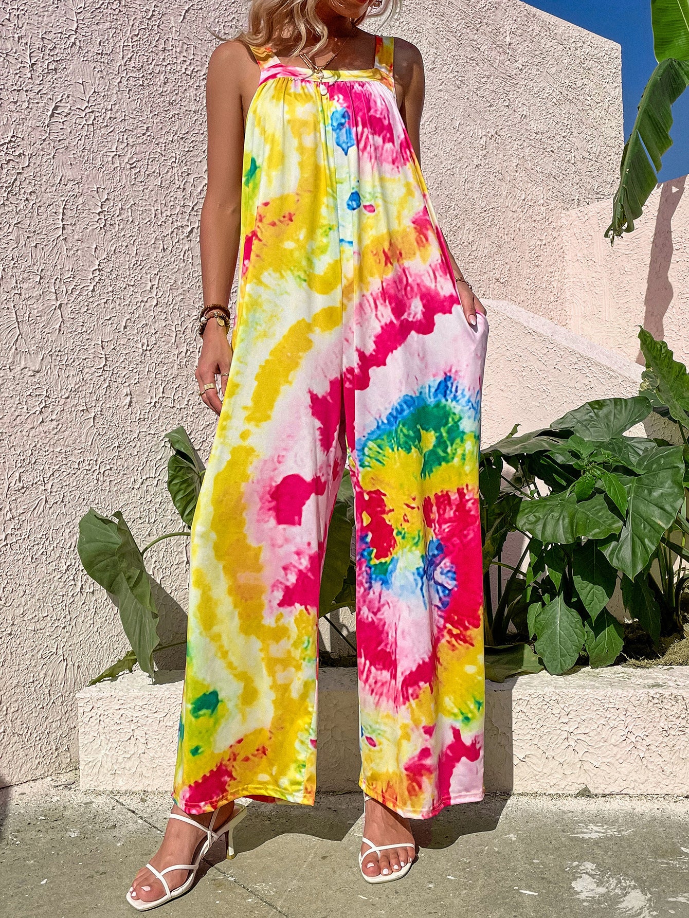 Tie-dye print casual halter wide leg jumpsuit